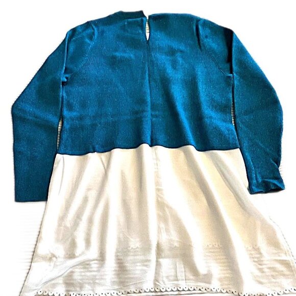 Women's Y2K Sparkling Teal Blue & Ivory tunic hi/low sweater shirt combo - Large - Picture 4 of 5